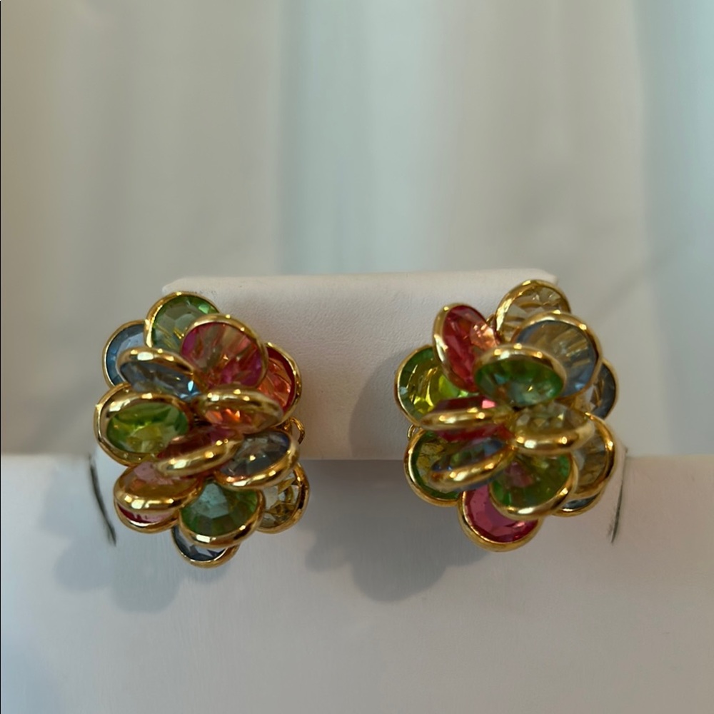 Gold Pastel Pink, Blue, Green Clip Earrings